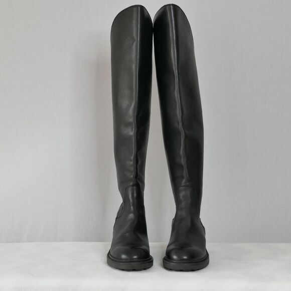 ASH Seven Black Leather Over-The-Knee Moto Boots Sz 37 US 7M 2 Zippers Lug Sole - Picture 7 of 10